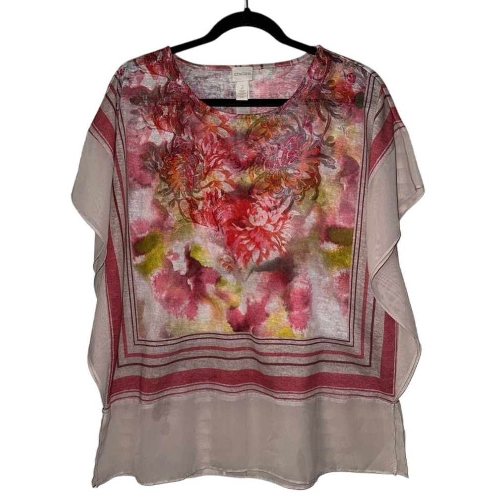 Chico's Floral Striped Flutter Sleeve Boxy Blouse Size Large Coastal Grandma